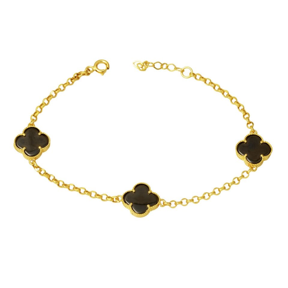 Oniks Taşlı Yonca Altın Bileklik