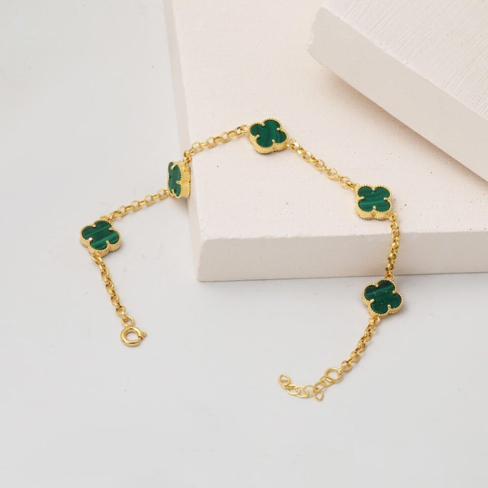 Yeşil Taşlı Yonca Altın Bileklik