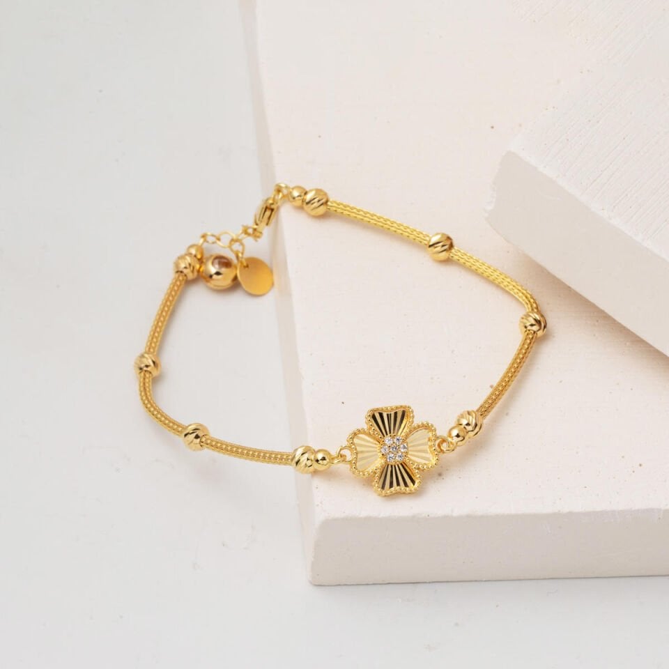 Işıltılı Yonca Altın Kalze Zincirli Bileklik