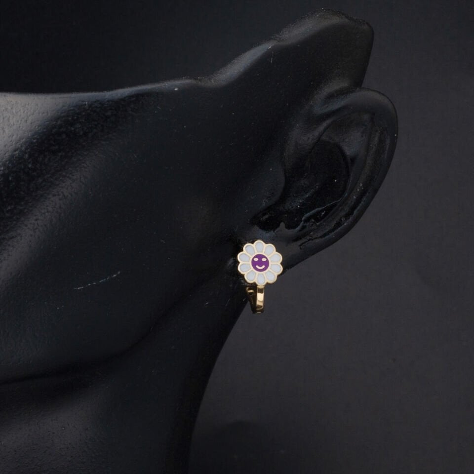 Mor Papatyalı 14 Ayar Altın Çocuk Küpesi