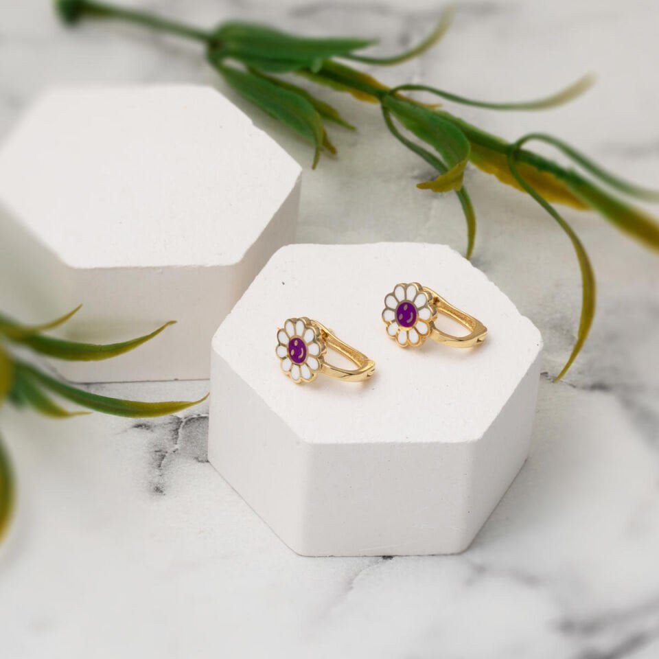 Mor Papatyalı 14 Ayar Altın Çocuk Küpesi