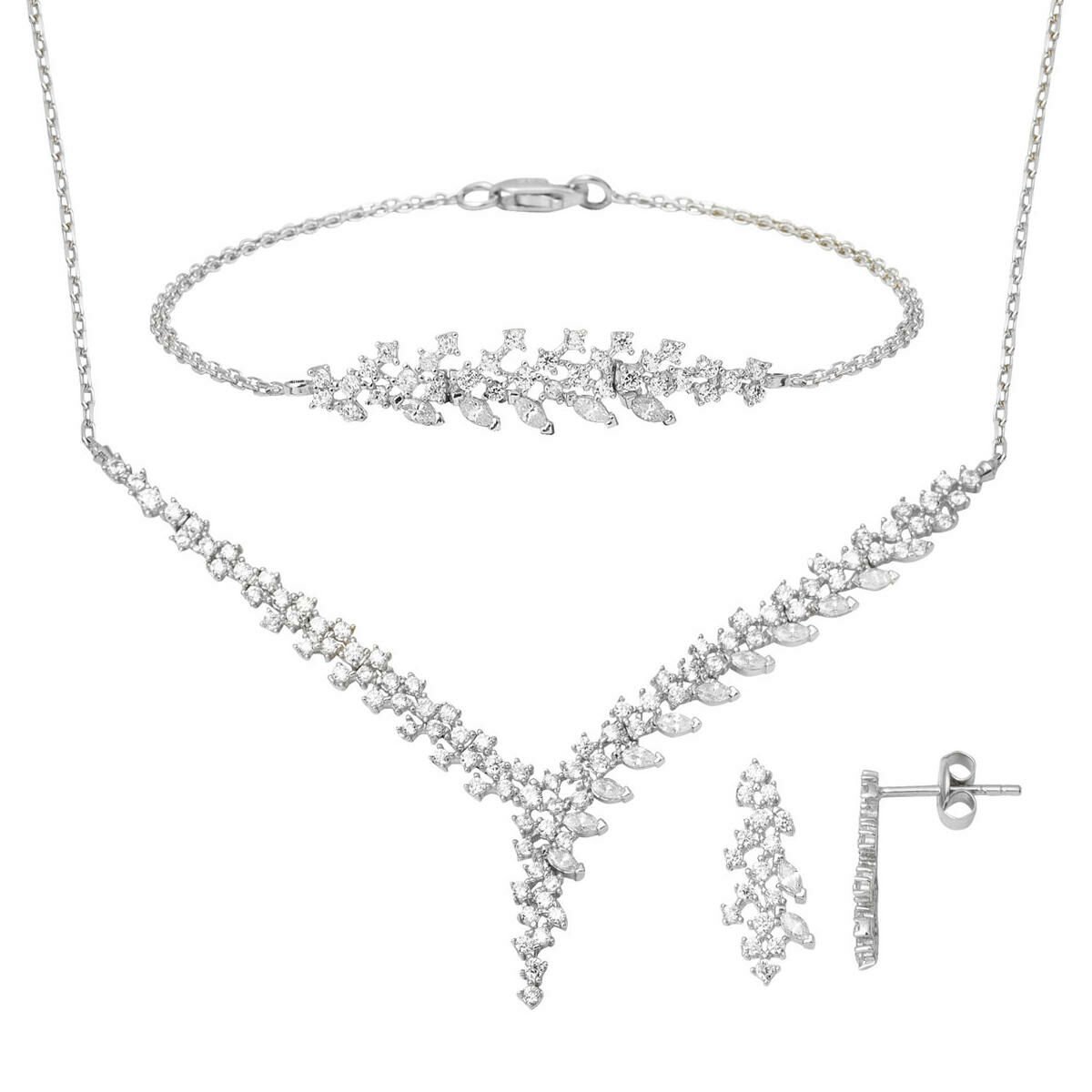 14 Ayar Markiz Taşlı Tasarım Beyaz Altın Üçlü Set