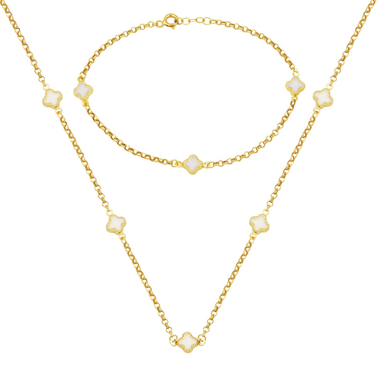 Beyaz Yoncalı Kolye Bileklik 14 Ayar Set