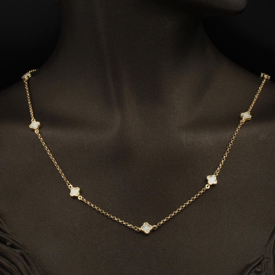 Beyaz Yoncalı Kolye Bileklik 14 Ayar Set