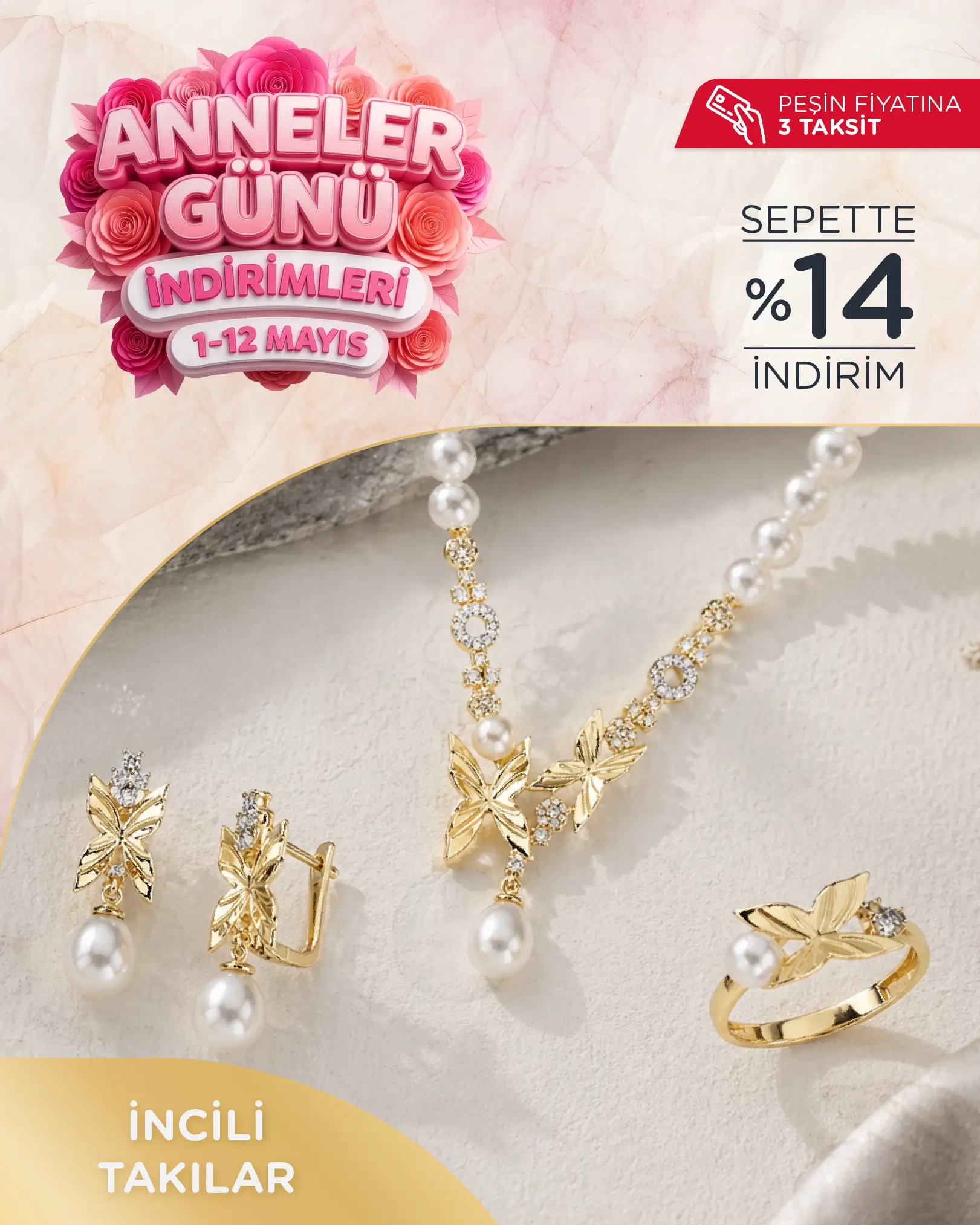 Anneler Gününe Özel İndirimli İncili Altın Takı Modelleri 