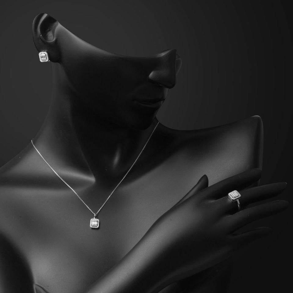 Üçlü Beyaz Altın Baget Taşlı Set