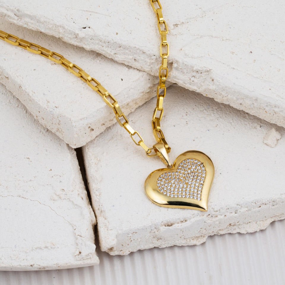 Taşlı Kalpli 14 Ayar Altın Zincirli Kolye