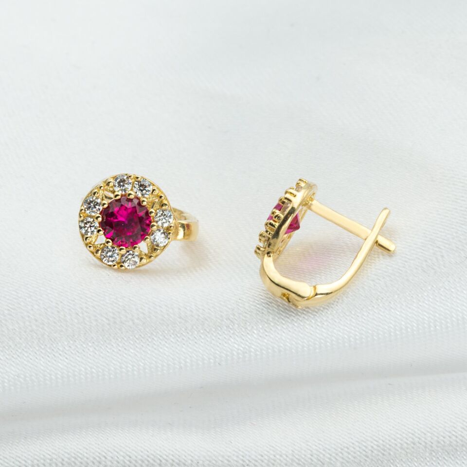 Mor Taşlı Çiçek 14 Ayar Altın Çocuk Küpesi