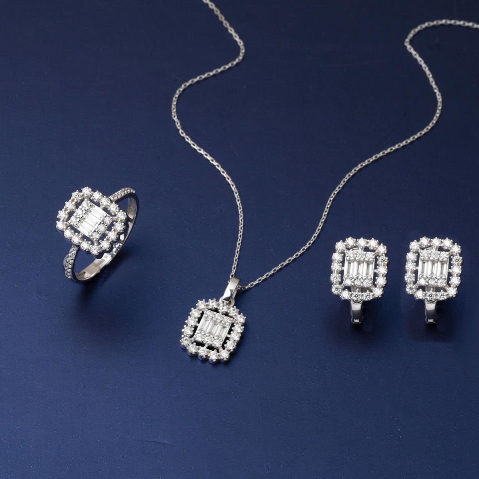 Baget Taşlı Spor Beyaz Altın Üçlü Set