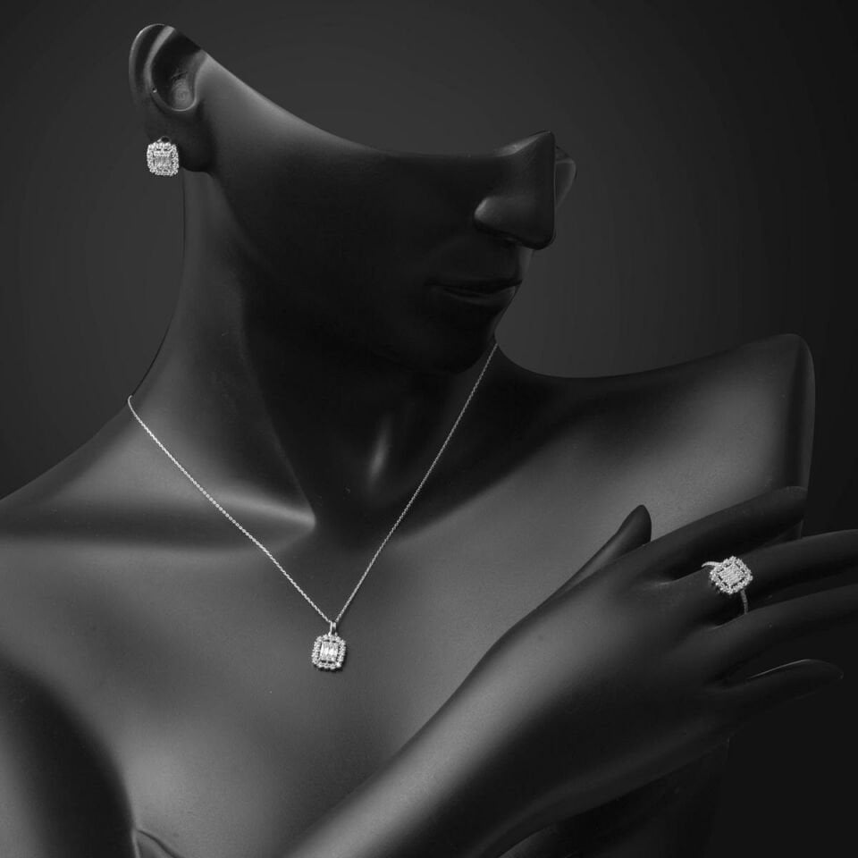 Baget Taşlı Spor Beyaz Altın Üçlü Set