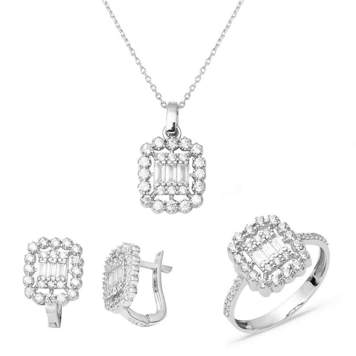 Baget Taşlı Spor Beyaz Altın Üçlü Set