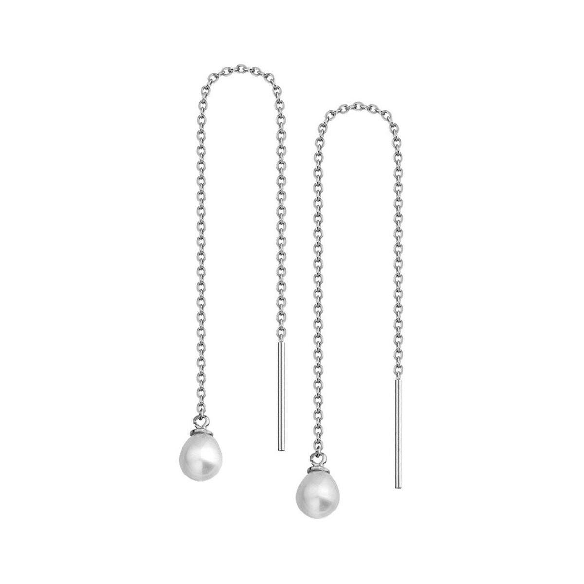 Modena İncili Beyaz Altın Zincir Küpe