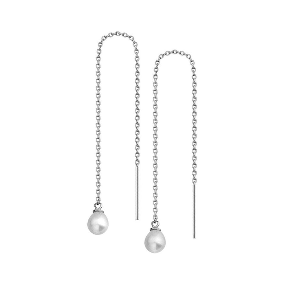 Modena İncili Beyaz Altın Zincir Küpe