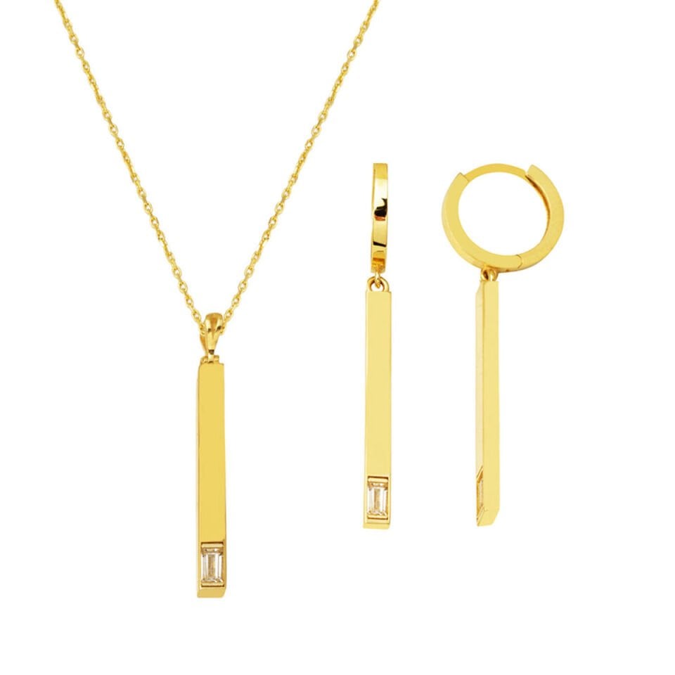 Bagetli 14 Ayar Altın Çubuk Kolye Küpe Set