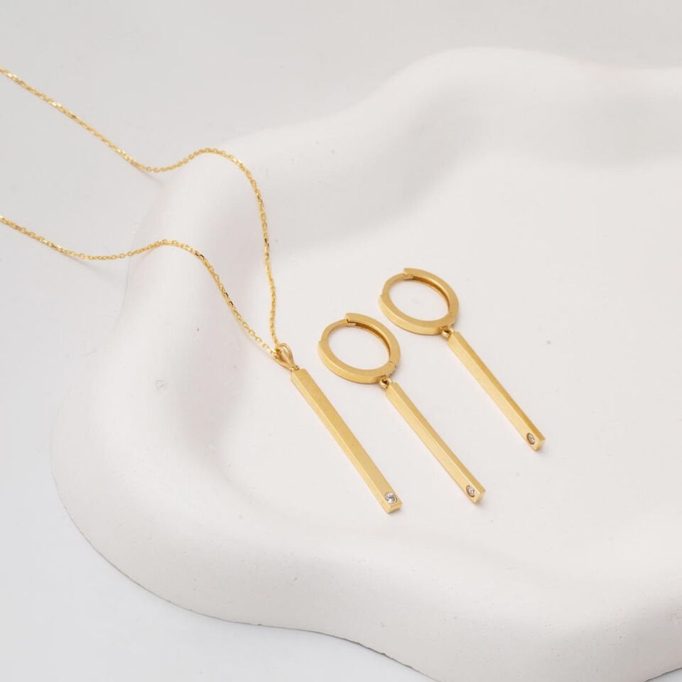 Çubuk 14 Ayar Altın Kolye Küpeli Takı Seti