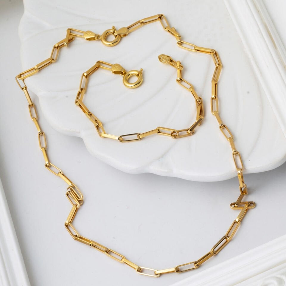 Ataç Zincirli Kolye Bileklik Set 14 Ayar Altın