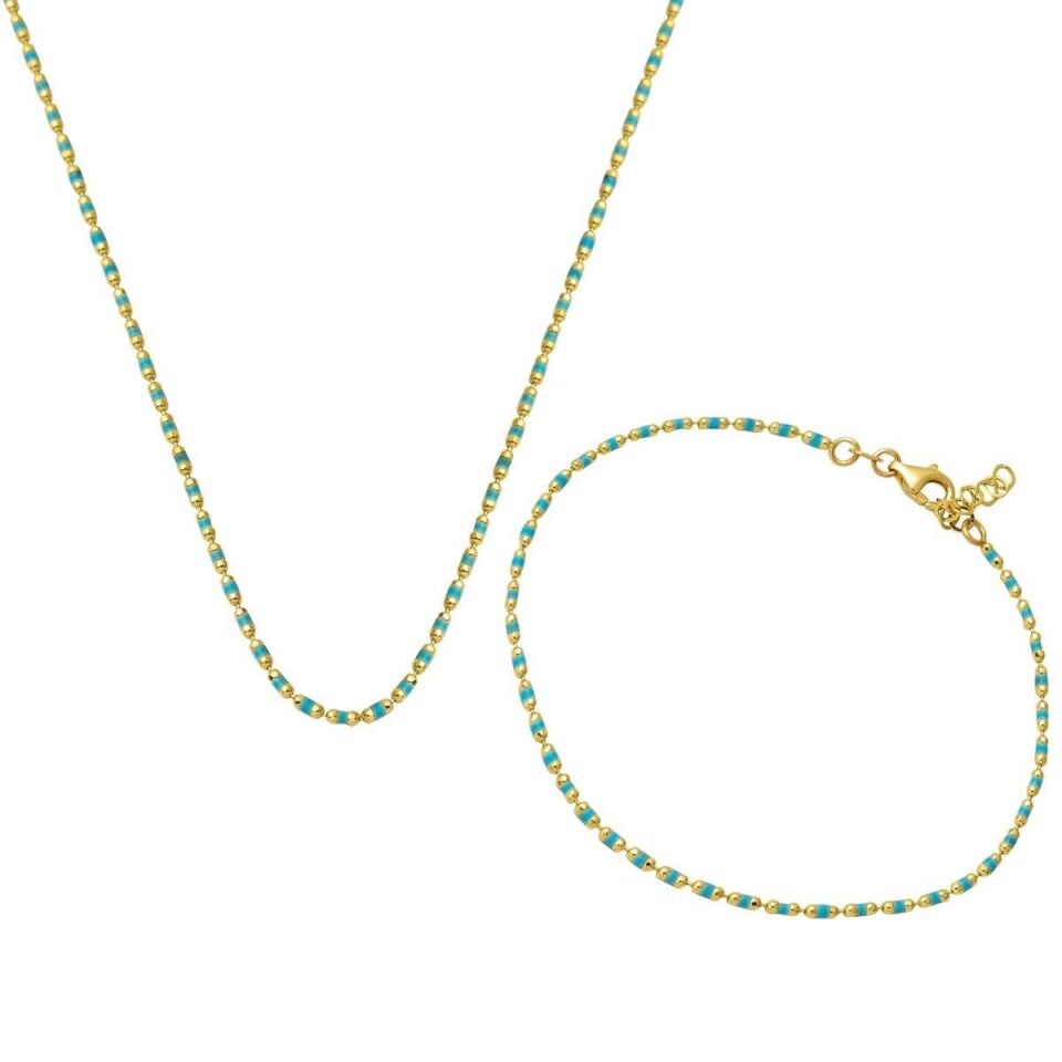 Turkuaz Mineli Kolye Bileklik Altın Takı Seti