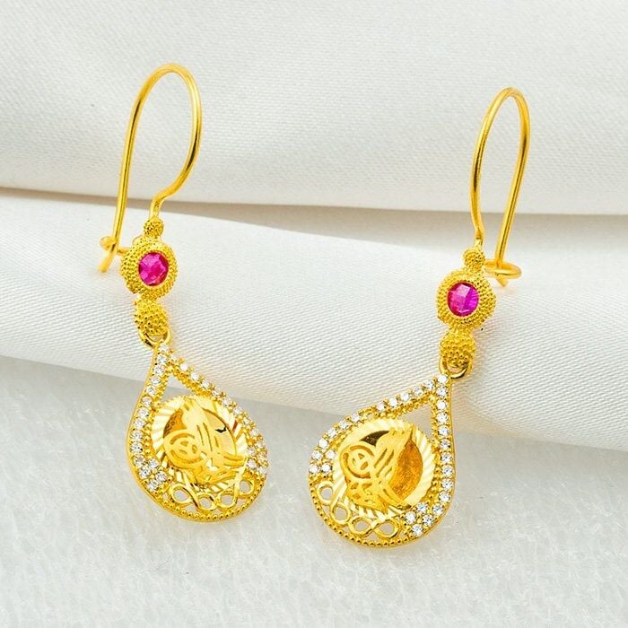 Sonsuzluklu Tuğralı Altın Sarkaç Küpe