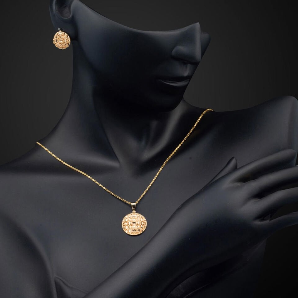 Telkari 14 Ayar Altın Kolye Küpeli Takı Seti