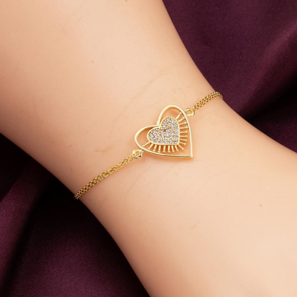 Parıltılı Kalpli Altın Bileklik