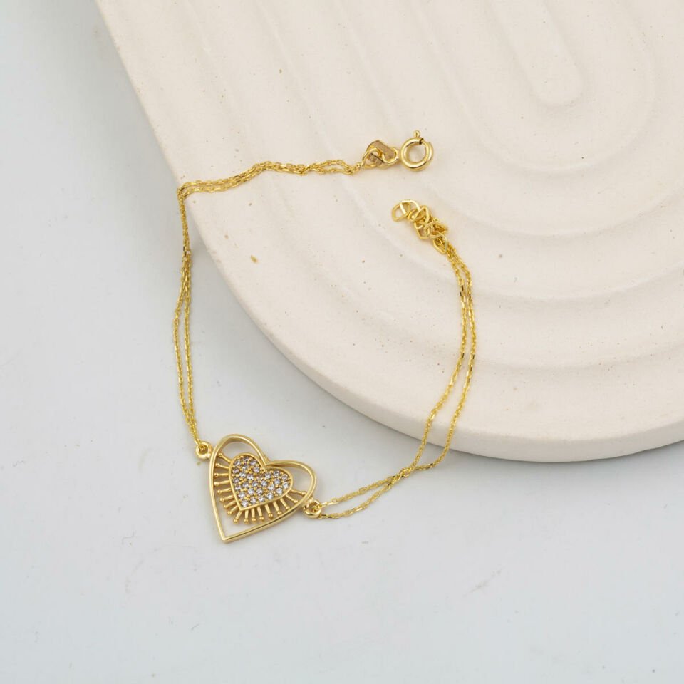 Parıltılı Kalpli Altın Bileklik