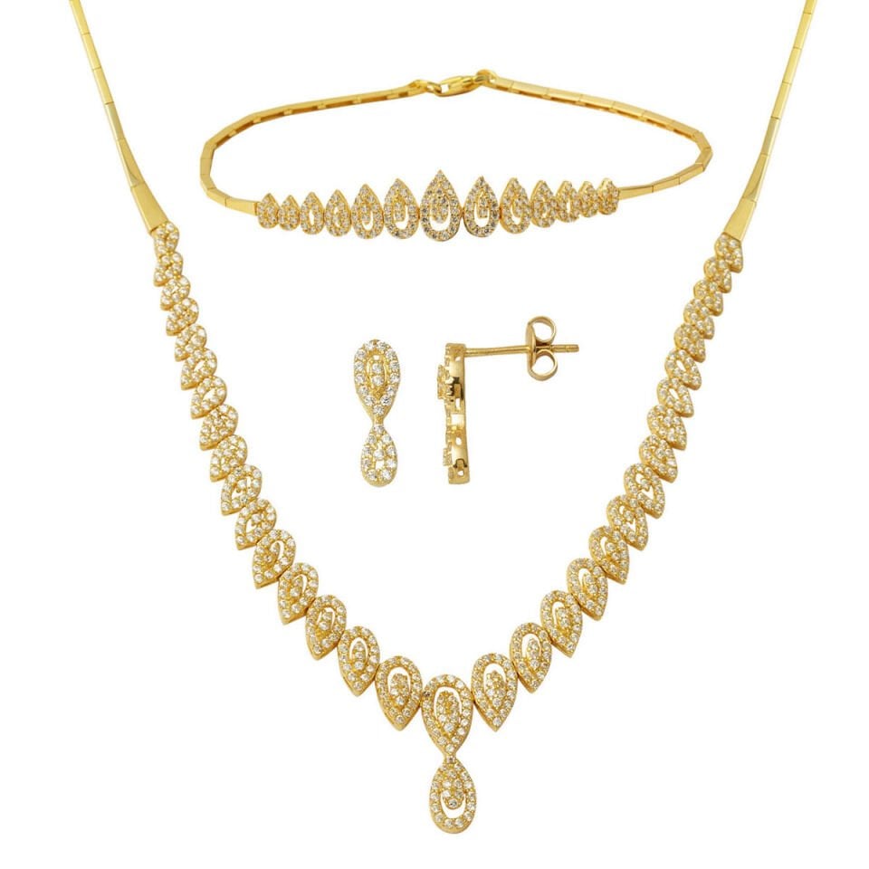 Damlalar Sarı Altın Taşlı Takı Seti