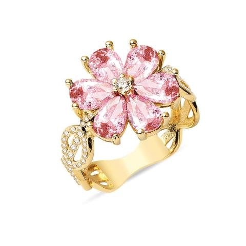 Pembe Taşlı Çiçek Altın Yüzük