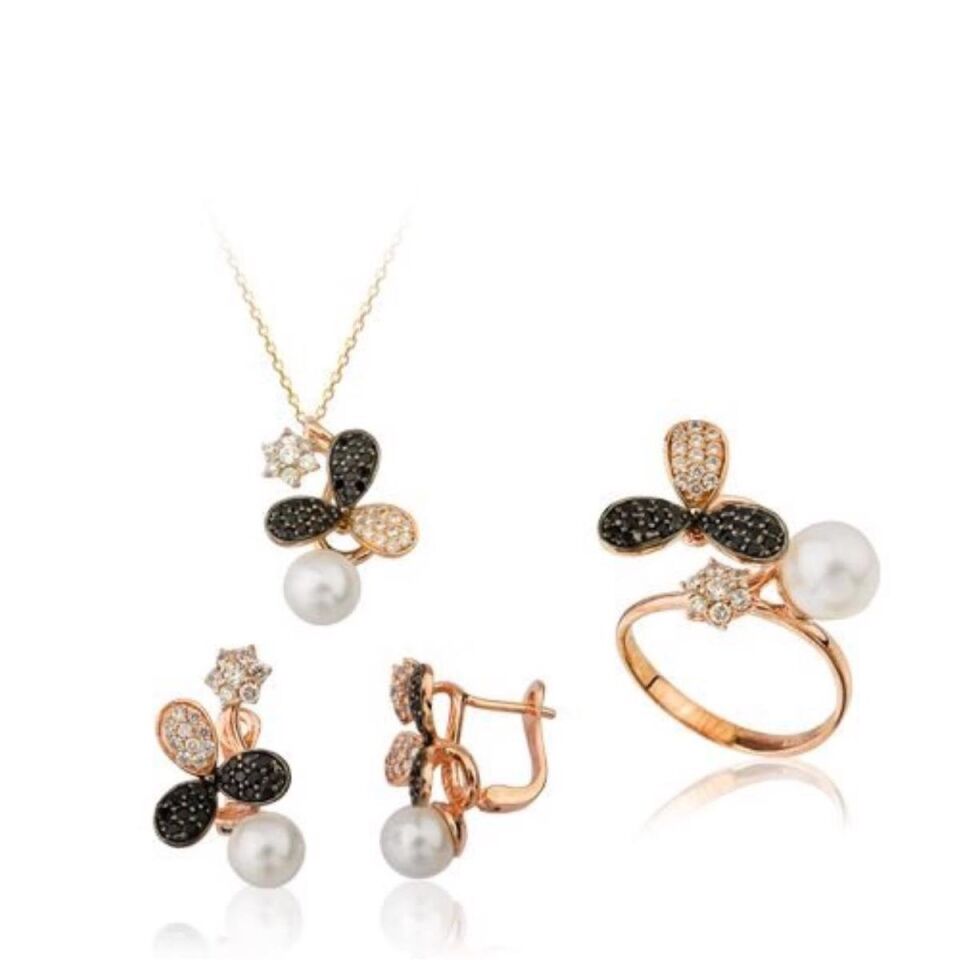 İncili 14 Ayar Altın Zincirli Nişan Takı Seti