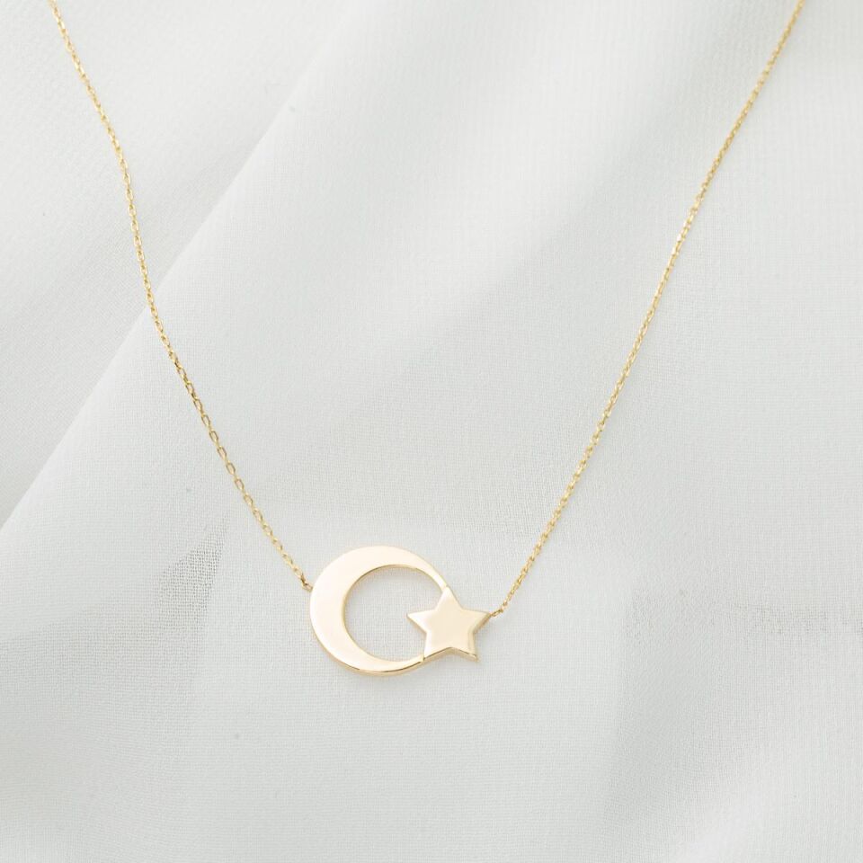 Ay Yıldız Türk Bayrağı Altın Kolye