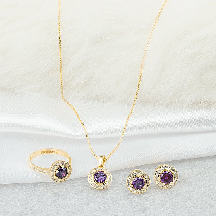 Mor Taşlı 14 Ayar Altın 3'lü Set