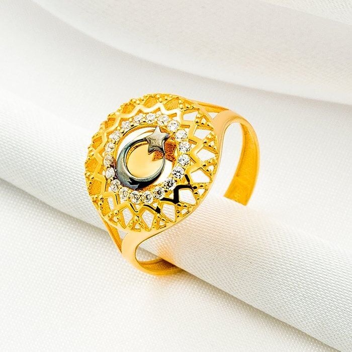 Ay Yıldızlı Taşlı 14 Ayar Altın Yüzük