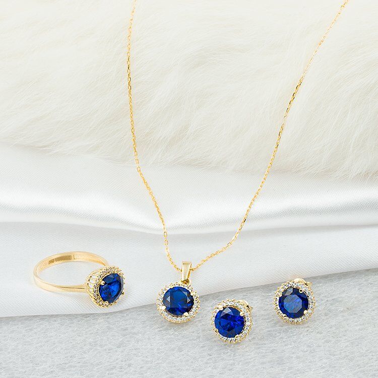 Mavi Taşlı 14 Ayar Altın 3'lü Set
