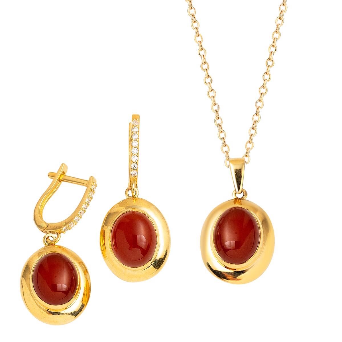 Akik Taşlı 14 Ayar 2'li Altın Set