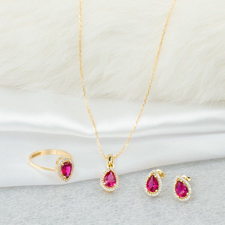 Kırmızı Taşlı 14 Ayar Altın 3'lü Set