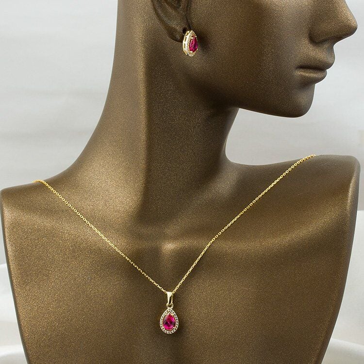 Kırmızı Taşlı 14 Ayar Altın 3'lü Set