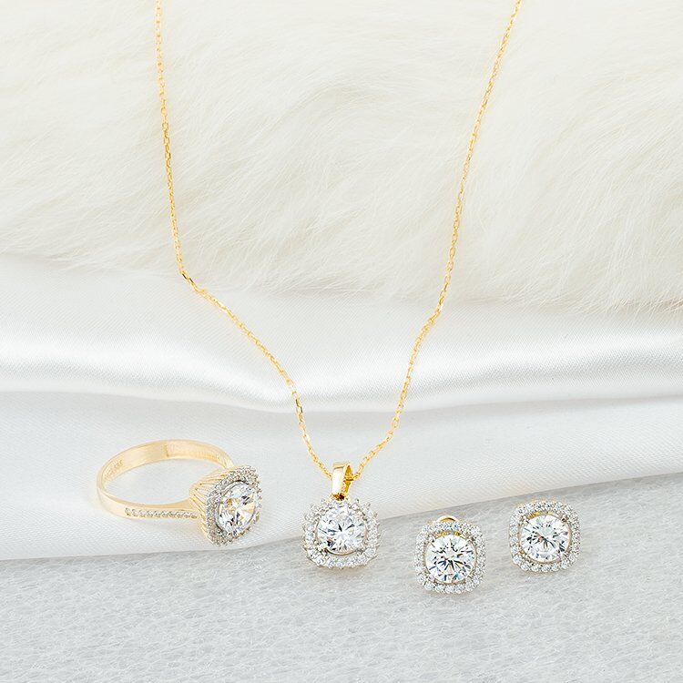 Kare Baget Taşlı 14 Ayar Altın 3'lü Set