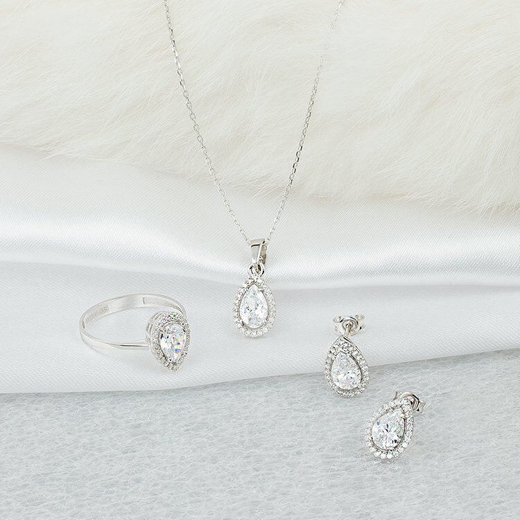 Damla Taşlı 14 Ayar Beyaz Altın 3'lü Set