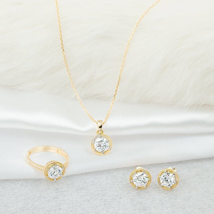 Mercek Taşlı 14 Ayar Altın 3'lü Set