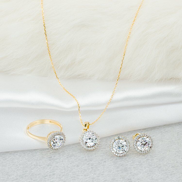 Yuvarlak Taşlı 14 Ayar Altın Üçlü Set