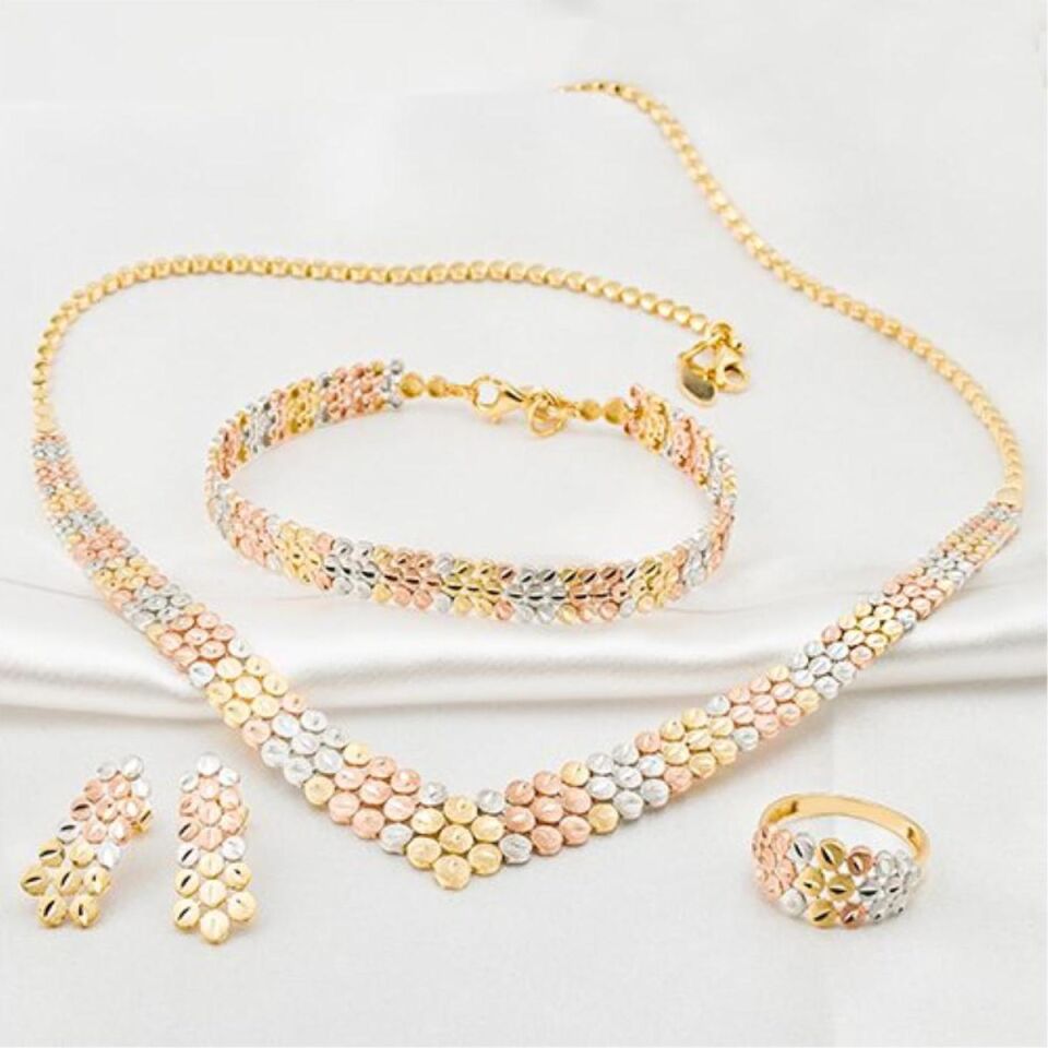 Üç Renkli 14 Ayar Taşsız Altın Takı Seti