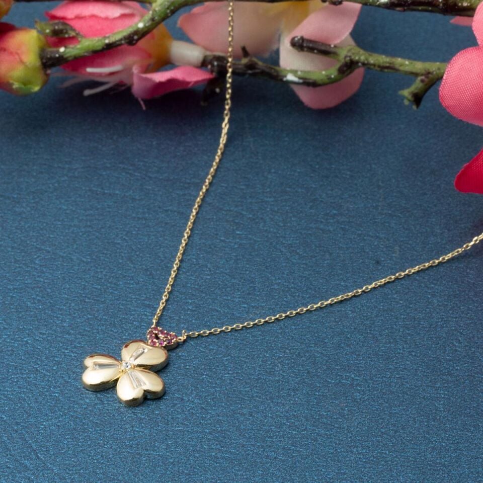 14 Ayar Altın Baget Taşlı 3'lü Kalp Yonca Kolye