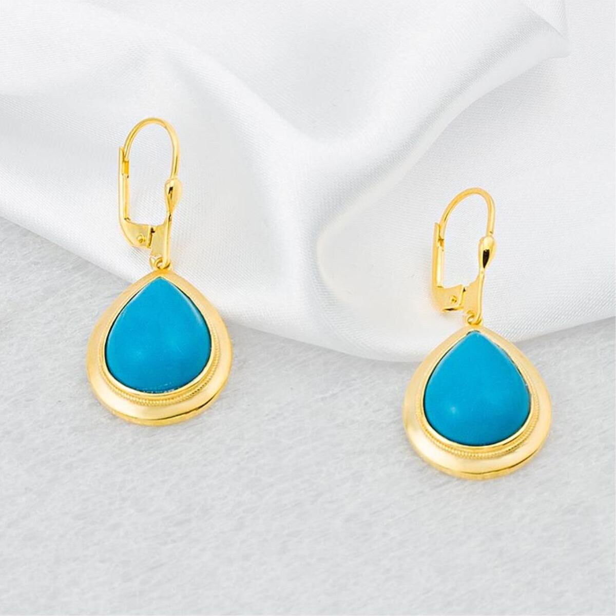 Firuze Damla Taşlı Sarkaç Altın Küpe