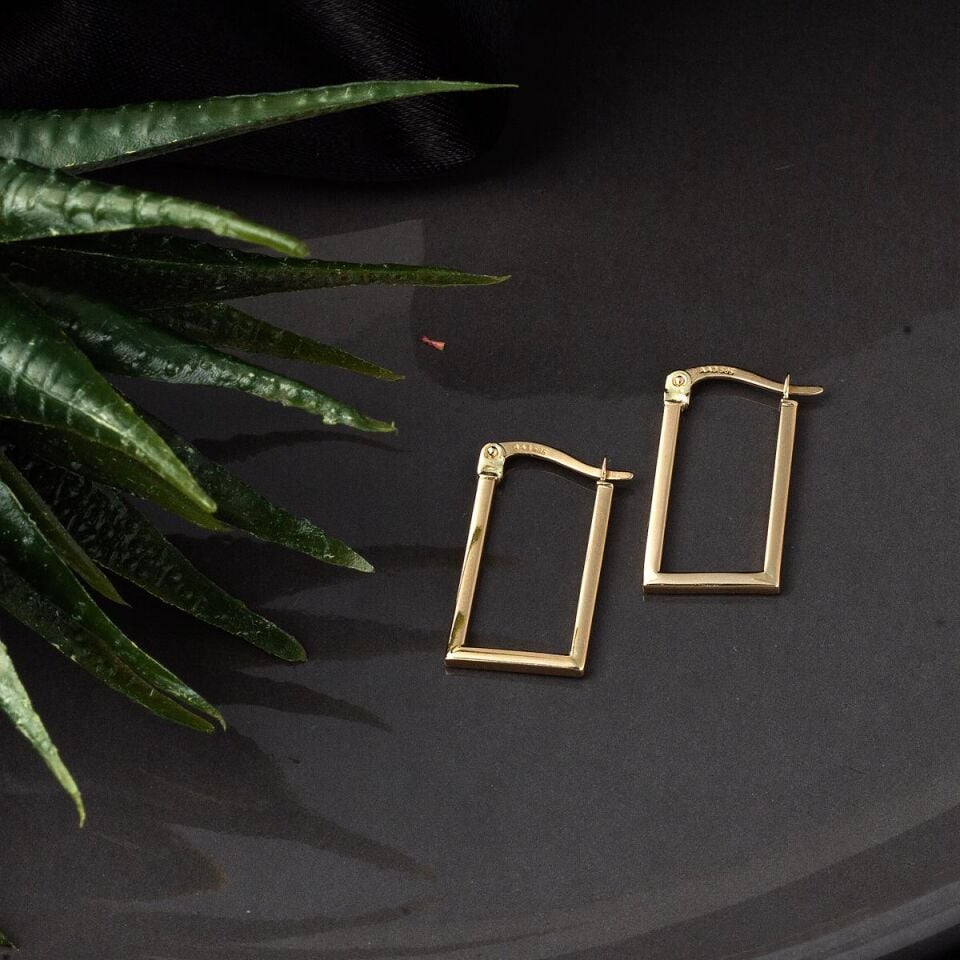 Taşsız 14 Ayar Altın Dikdörtgen Küpe