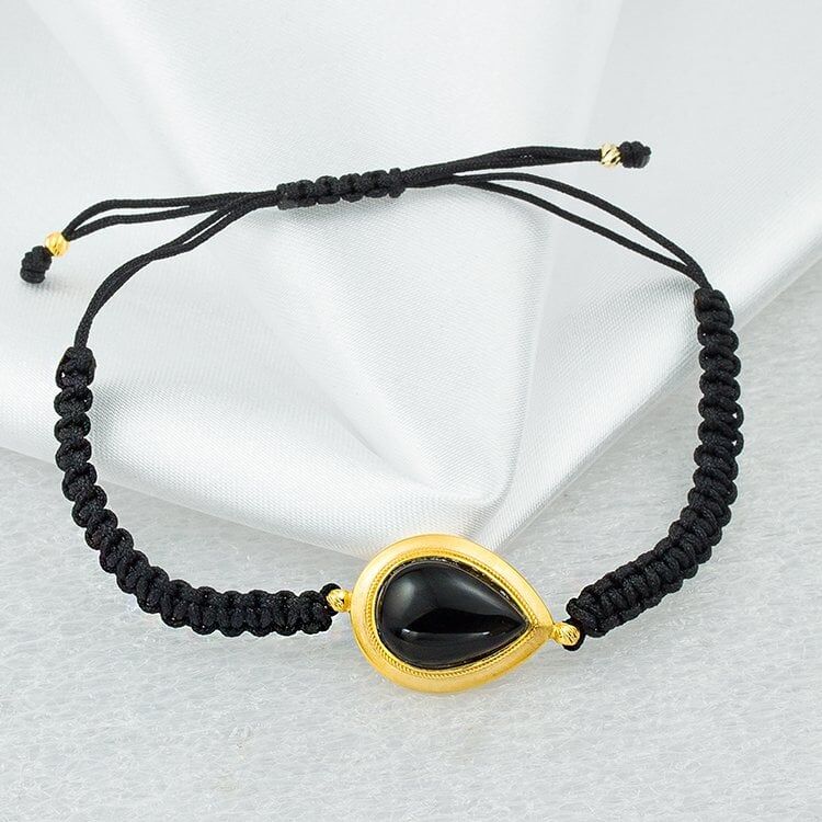 Siyah Taşlı 14 Ayar Altın İpli Bileklik