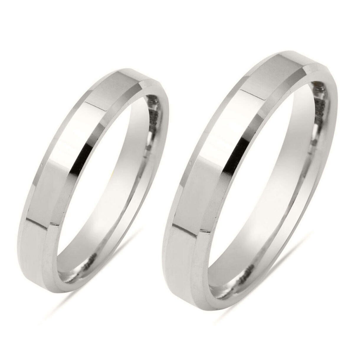 Klasik Köşeli Beyaz Altın 14 Ayar Çift Alyans 4 mm.