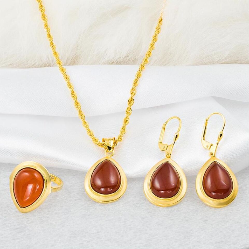 Akik Damla Taşlı 14 Ayar 3'lü Altın Set