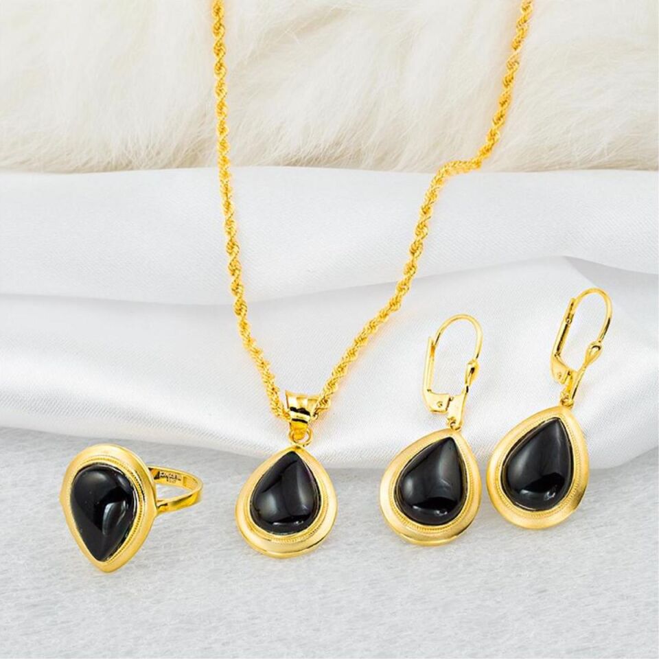 Siyah Damla Taşlı 14 Ayar 3'lü Altın Set