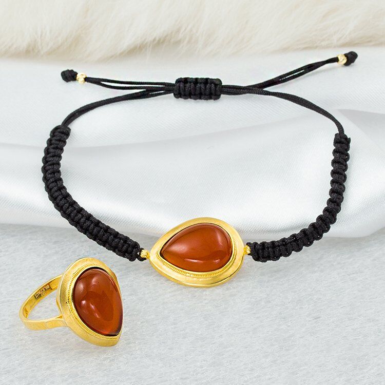 Akik Damla Taşlı Yüzük & Bileklik Altın Set