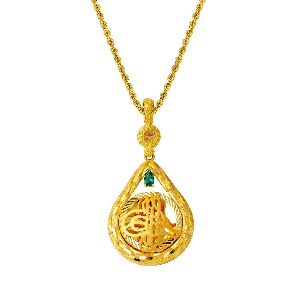 Yeşil Taşlı Damla Tuğra Altın Kolye