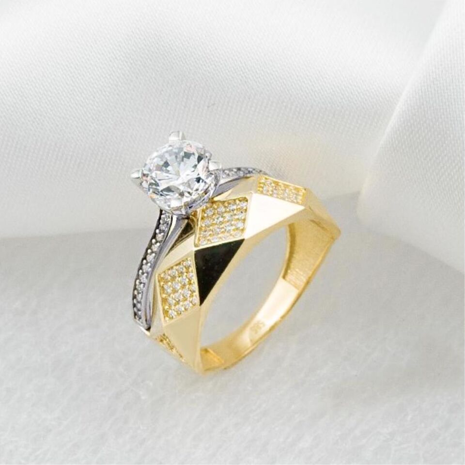 Baklava Alyanslı 14 Ayar Tek Taş Altın Yüzük